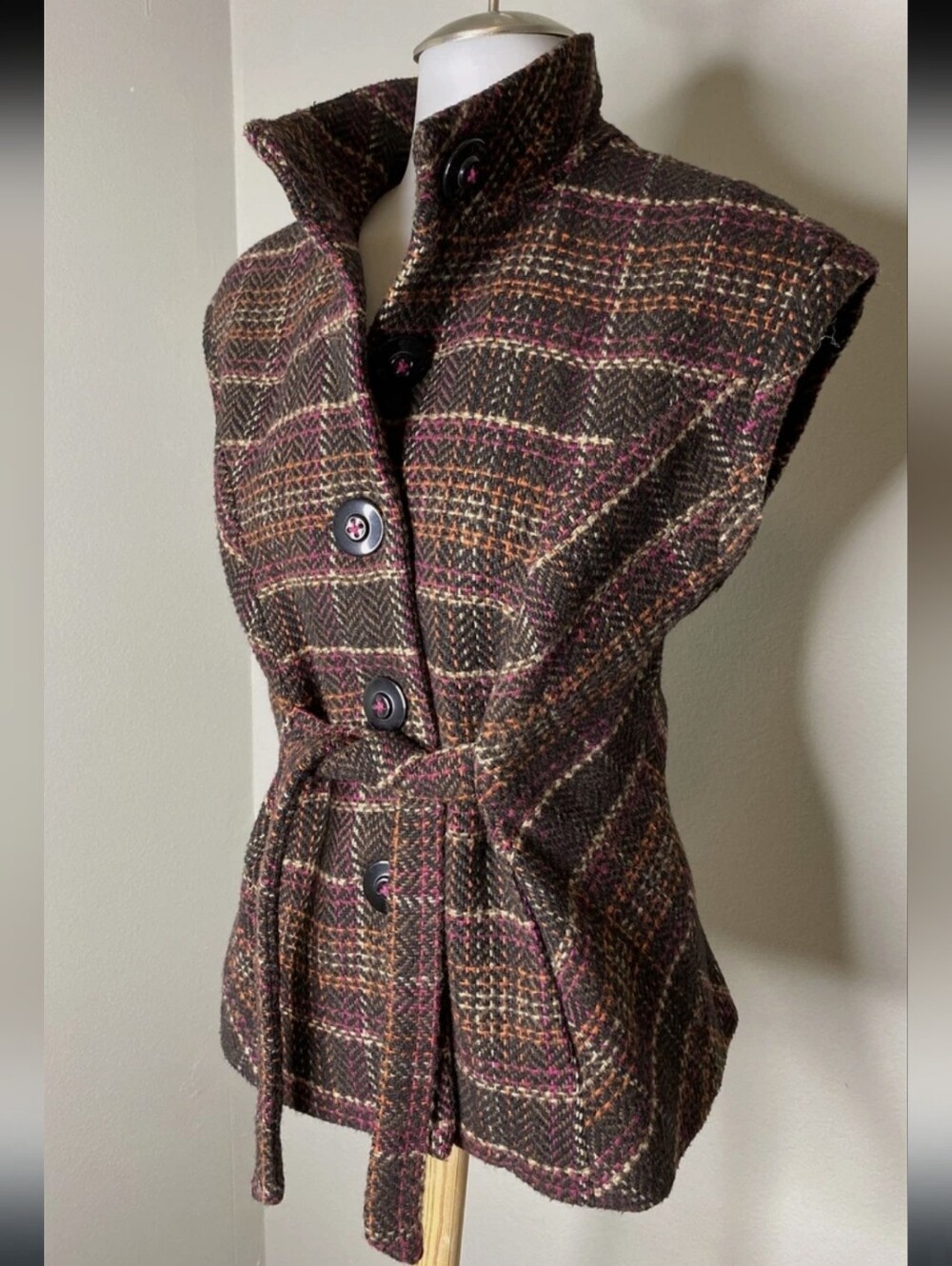 Vintage 90s Y2K Cabi Brown Plaid Tweed Belted Wool Blend Vest Size S